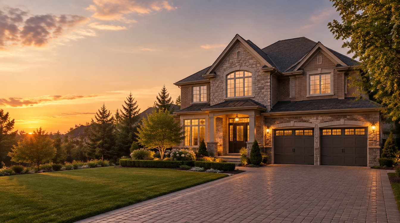 Stone detached home in York Region at dusk
